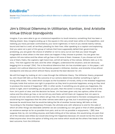 Jim’s Ethical Dilemma: Utilitarian, Kantian, & Virtue Perspectives