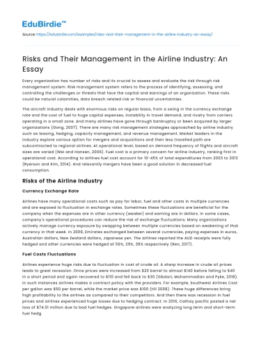 Risks and Their Management in the Airline Industry: An Essay