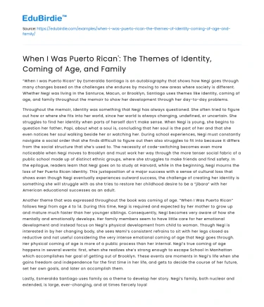 Themes in ‘When I Was Puerto Rican’: Identity, Coming of Age, Family