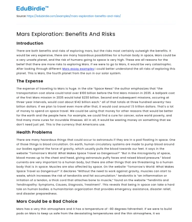 Mars Exploration: Benefits And Risks