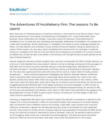 The Adventures Of Huckleberry Finn: The Lessons To Be Learnt