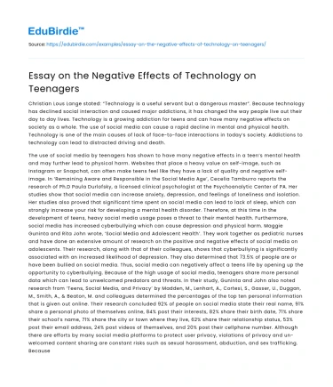 Essay on the Negative Effects of Technology on Teenagers