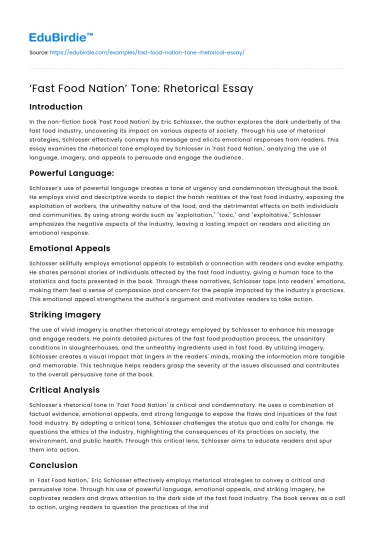 ‘Fast Food Nation’ Tone: Rhetorical Essay