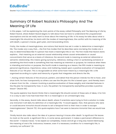 Summary Of Robert Nozicks’s Philosophy And The Meaning Of Life