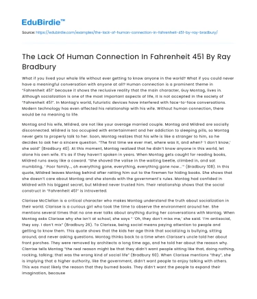The Lack Of Human Connection In Fahrenheit 451 By Ray Bradbury