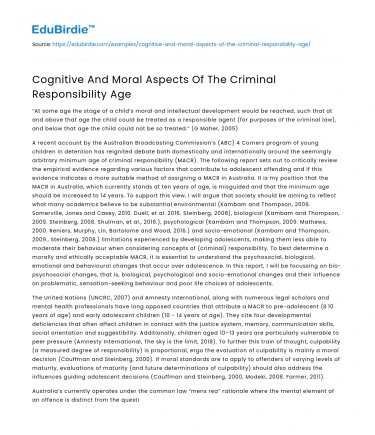 Cognitive And Moral Aspects Of The Criminal Responsibility Age