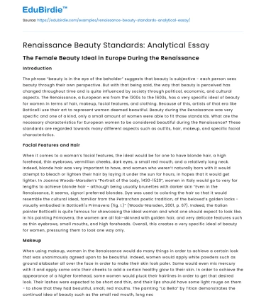 Renaissance Beauty Standards: Analytical Essay