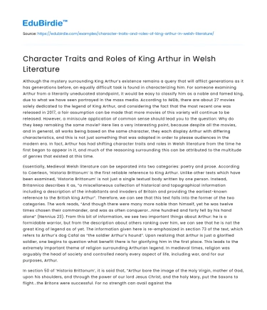 Character Traits and Roles of King Arthur in Welsh Literature
