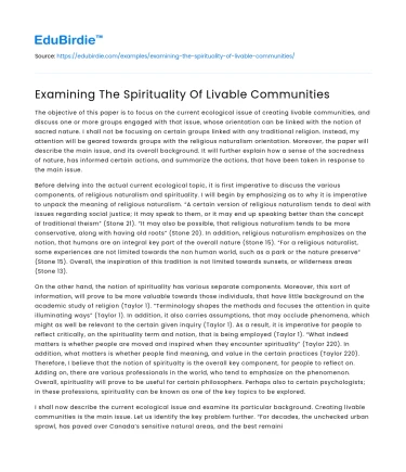 Examining The Spirituality Of Livable Communities