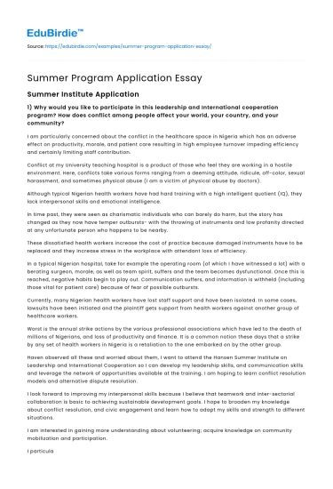 Summer Program Application Essay