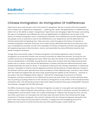 Chinese Immigration: An Immigration Of Indifferences