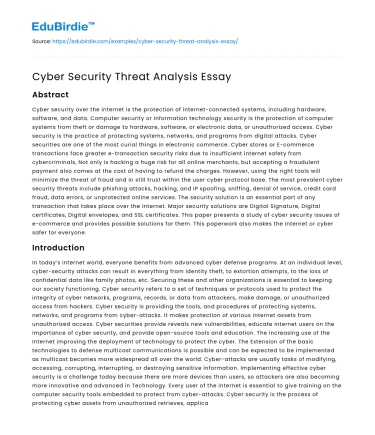 Cyber Security Threat Analysis Essay