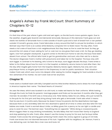 Frank McCourt’s Memoir: Insights from Chapters 10-12
