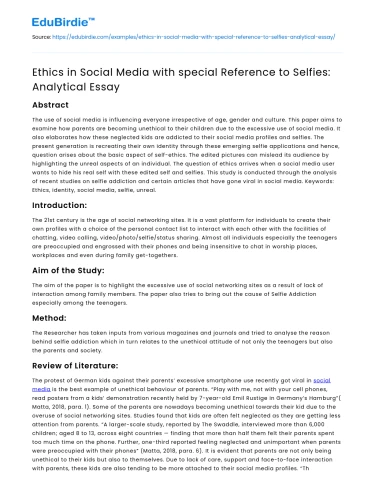 Ethics in Social Media with special Reference to Selfies