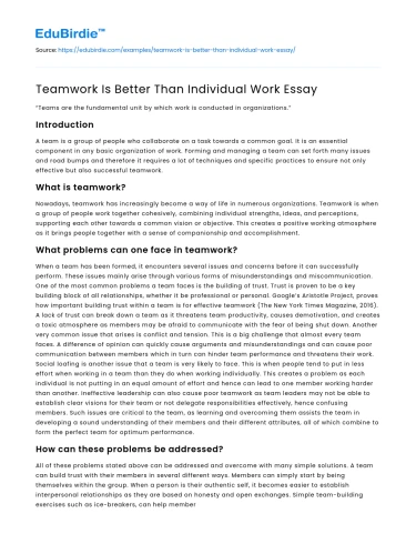 Teamwork Is Better Than Individual Work Essay