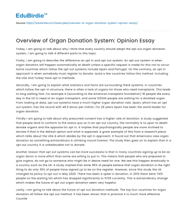Overview of Organ Donation System: Opinion Essay