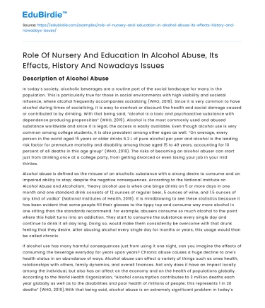 Nursery and Education in Alcohol Abuse: Effects, History, Issues