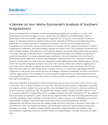 A Review on Ann-Marie Szymanski’s Analysis of Southern Progressivism