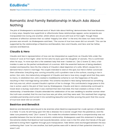 Romantic And Family Relationship In Much Ado About Nothing