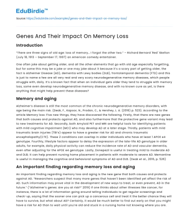 Genes And Their Impact On Memory Loss