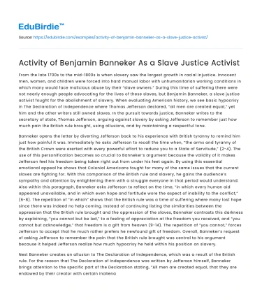 Activity of Benjamin Banneker As a Slave Justice Activist