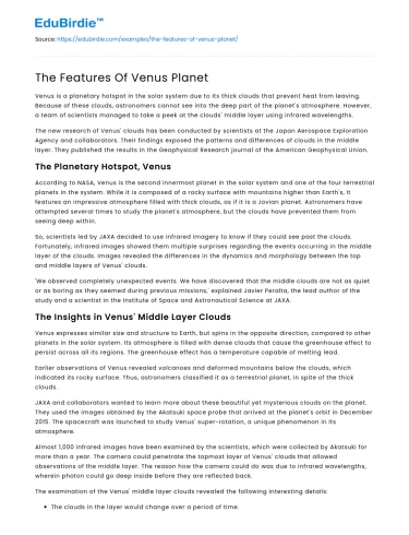 The Features Of Venus Planet