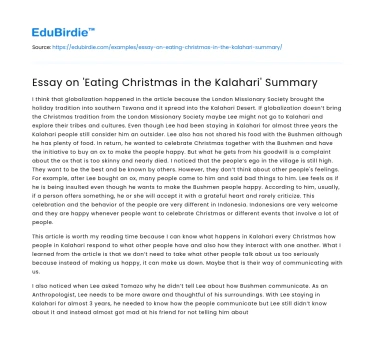 Cultural Dynamics in “Eating Christmas in the Kalahari”