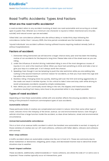Road Traffic Accidents: Types And Factors