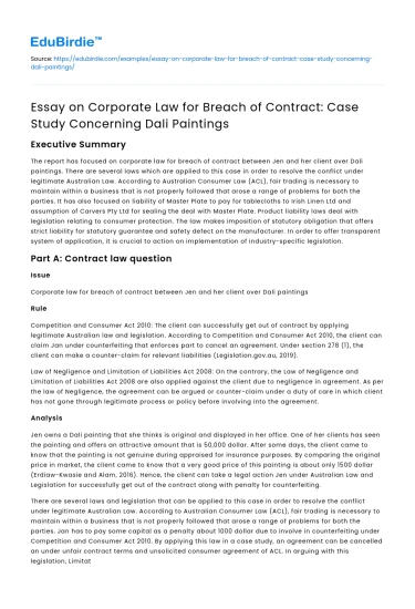 Corporate Law Essay: Dali Painting Contract Breach