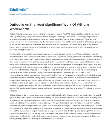 Daffodils As The Most Significant Work Of William Wordsworth