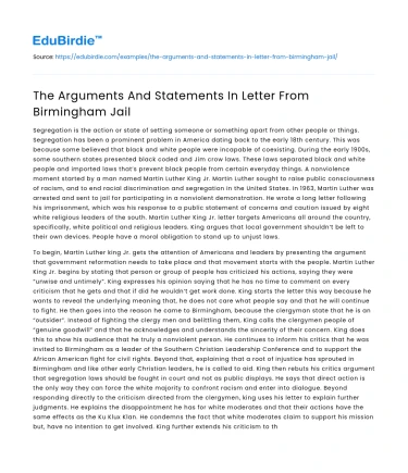 The Arguments And Statements In Letter From Birmingham Jail