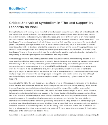 Critical Analysis of Symbolism in “The Last Supper” by Leonardo da Vinci