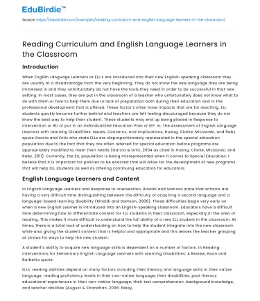 Reading Curriculum and English Language Learners in the Classroom