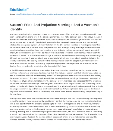 Austen’s Pride And Prejudice: Marriage And A Woman’s Identity