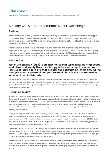 A Study On Work Life Balance: A Real Challenge