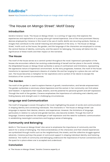 ‘The House on Mango Street’: Motif Essay