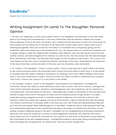 Writing Assignment On Lamb To The Slaughter: Personal Opinion