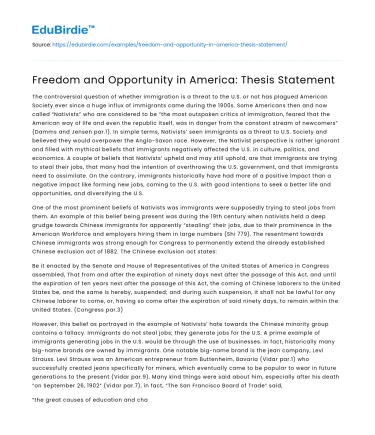 Freedom and Opportunity in America: Thesis Statement