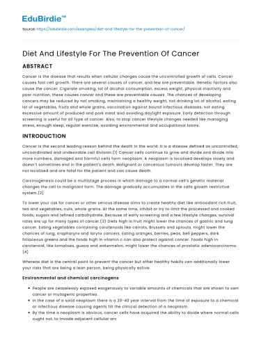 Dietary Habits and Lifestyle in Cancer Prevention