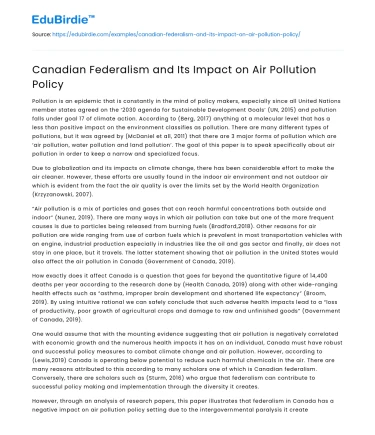 Canadian Federalism and Its Impact on Air Pollution Policy