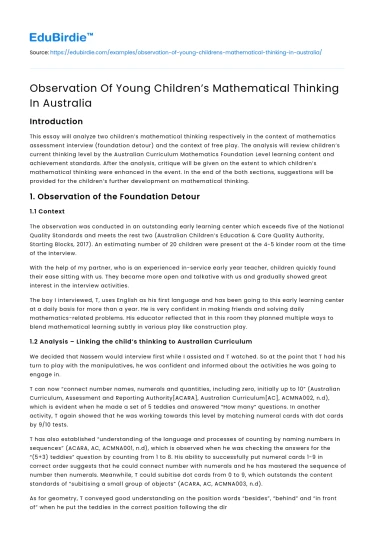 Observation Of Young Children’s Mathematical Thinking In Australia