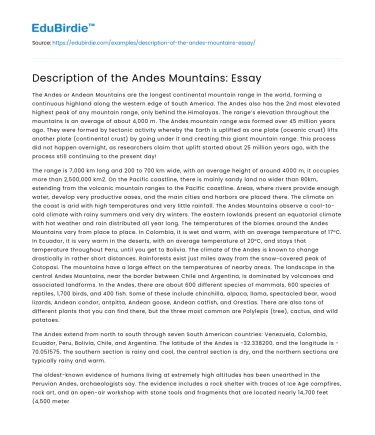 Description of the Andes Mountains: Essay