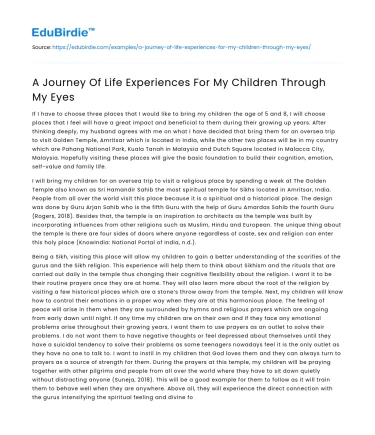 A Journey Of Life Experiences For My Children Through My Eyes