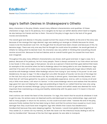 Iago’s Selfish Desires In Shakespeare’s Othello