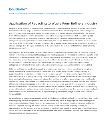 Application of Recycling to Waste From Refinery Industry