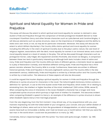 Spiritual and Moral Equality for Women in Pride and Prejudice