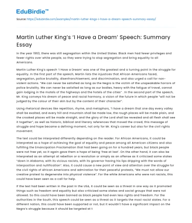 Martin Luther King’s ‘I Have a Dream’ Speech: Summary Essay