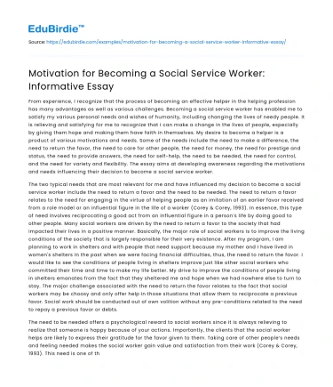 Motivation for Becoming a Social Service Worker: Informative Essay