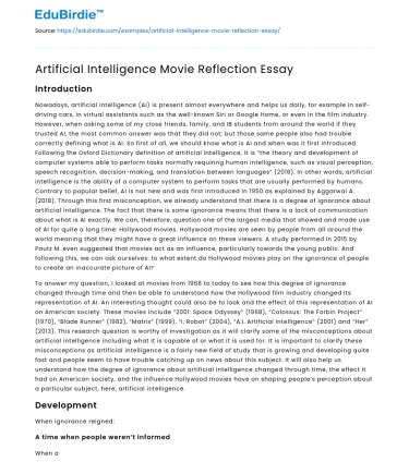 Artificial Intelligence Movie Reflection Essay