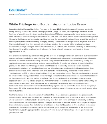 White Privilege As a Burden: Argumentative Essay